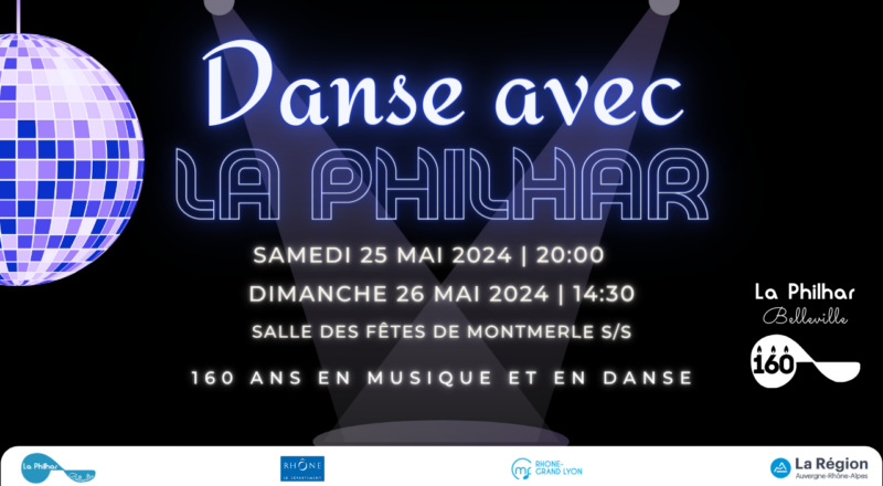 Bannière de présentation du concert avec une boule disco et le titre Danse avec la Philhar
