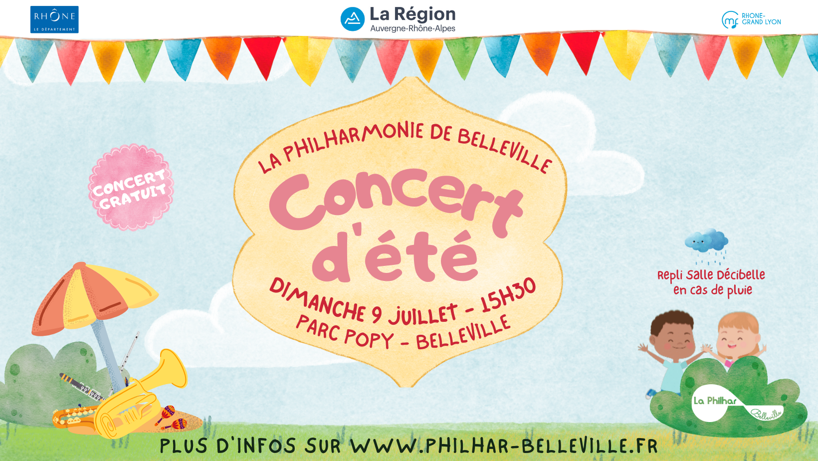 Affiche concert d'été avec des fanions, un parasol, des instruments de musique et des enfants qui jouent derrière un buisson