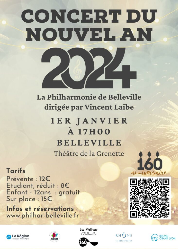 Affiche du concert du nouvel an le 1er janvier 2024 au théâtre de la Grenette à 17h avec une couleur claire, des lumières et un feu d'artifices