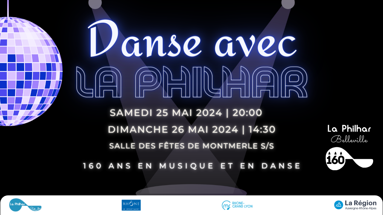 Bannière de présentation du concert avec une boule disco et le titre Danse avec la Philhar