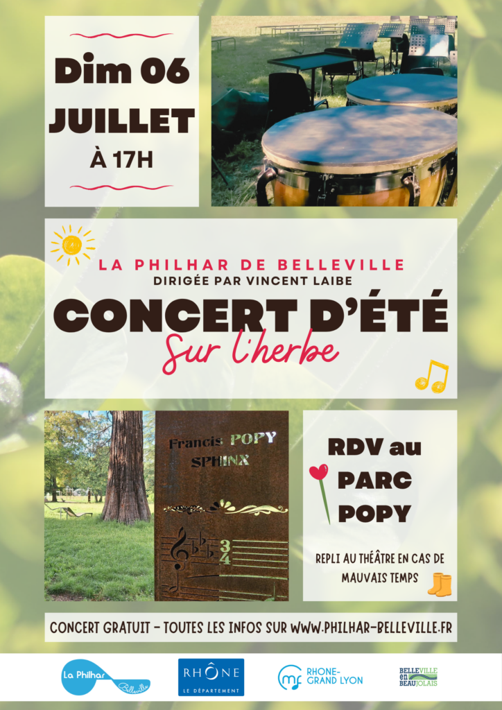 Affiche du concert avec les timbales de l'orchestre et le panneau du parc